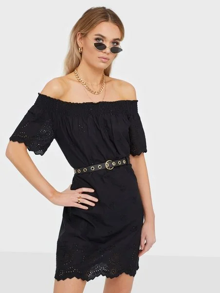 Off - the - Shoulder Women Dress for a Romantic and Feminine LookShery Embroidered Off Shoulder Dress Black Off - the - Shoulder Women Dress for a Romantic and Feminine LookShery Embroidered Off Shoulder Dress Black