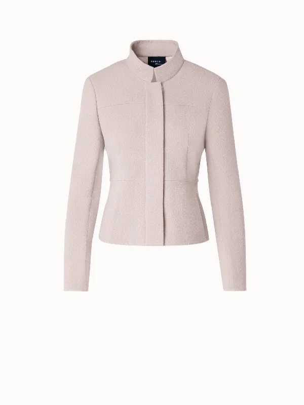 Women's cropped satin jackets in pastel shades for a glamorous evening outShort Jacket with Mock Neck in Wool Crêpe Double-Face Women's cropped satin jackets in pastel shades for a glamorous evening outShort Jacket with Mock Neck in Wool Crêpe Double-Face