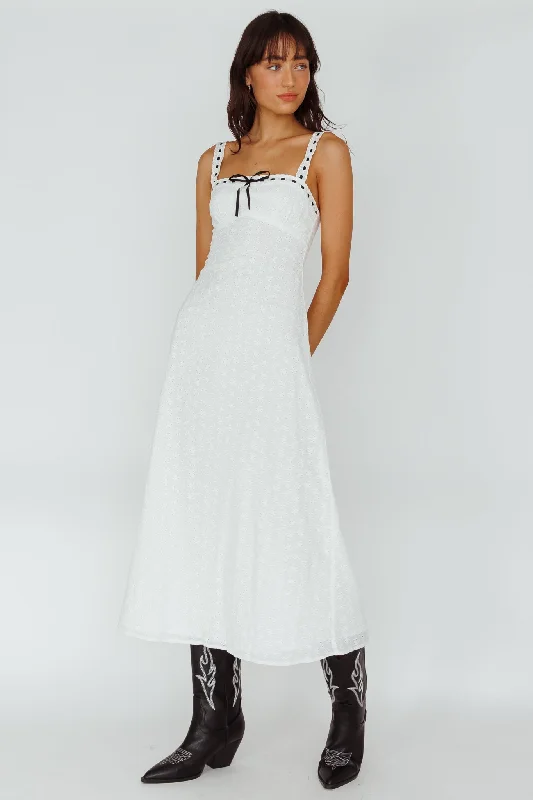 Sunbeam Eyelet Embroidery Bow Midi Dress White