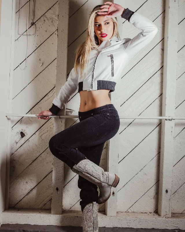 Women's cropped leather jackets with silver zippers for a punk - inspired outfitShort White Bomber combo Biker Jacket Women's cropped leather jackets with silver zippers for a punk - inspired outfitShort White Bomber combo Biker Jacket