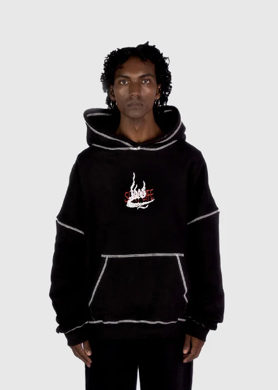 Women's sherpa - lined hoodie for extreme cold weather outdoor activitiesWHITE STITCHED BLACK HOODIE Women's sherpa - lined hoodie for extreme cold weather outdoor activitiesWHITE STITCHED BLACK HOODIE