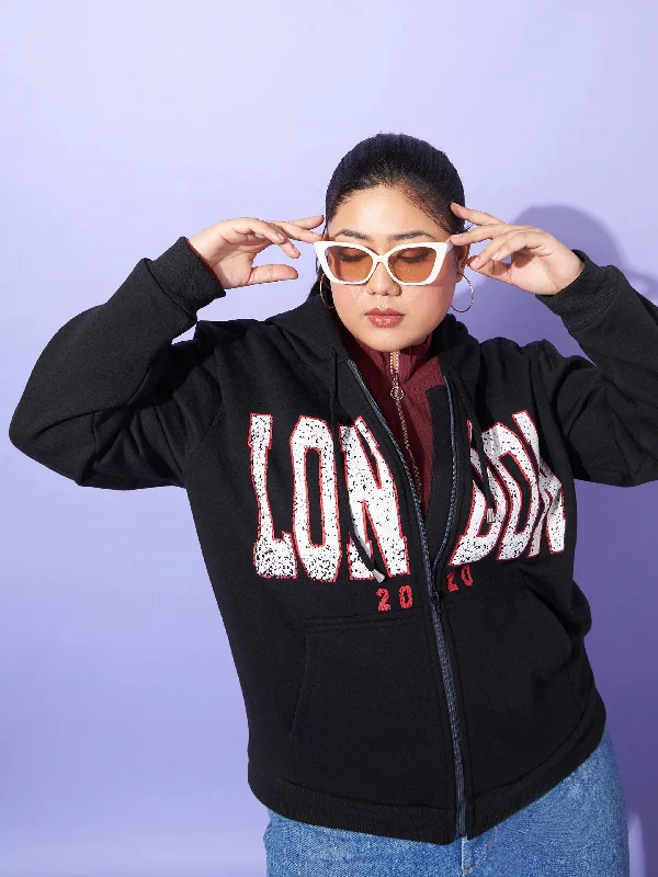 Women's trench coats with a removable belt for customizable stylingWomen Black LONDON Printed Fleece Zipper Jacket Women's trench coats with a removable belt for customizable stylingWomen Black LONDON Printed Fleece Zipper Jacket