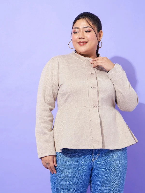 Women's bomber jackets with a holographic finish for a futuristic and eye - catching lookWomen Grey Fleece Button Peplum Jacket Women's bomber jackets with a holographic finish for a futuristic and eye - catching lookWomen Grey Fleece Button Peplum Jacket