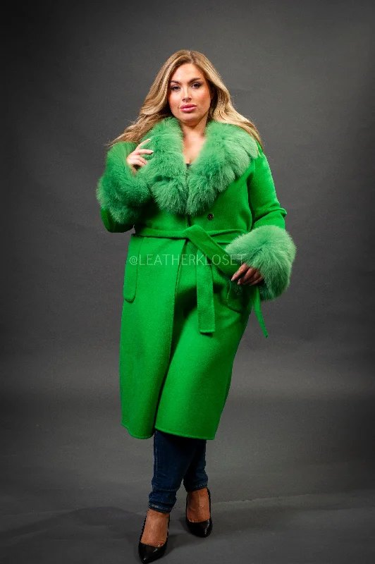 Women's cropped leather jackets with a fringe detail for a western - inspired outfitWomen's Cashmere Trench Coat With Fox Trimming [Green]