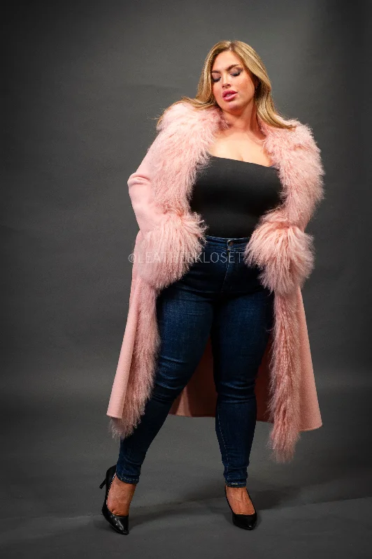Women's long - line cardigan jackets in a soft knit for a cozy and elegant lookWomen's Cashmere Trench Coat With Mongolian Fur Trimming [Pink]