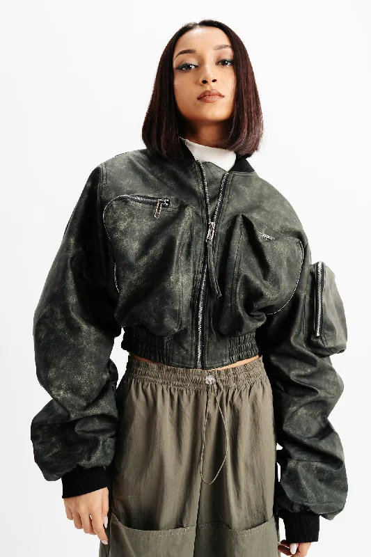 Women's cropped leather jackets with silver zippers for a punk - inspired outfitCropped Long Sleeve Jacket Women's cropped leather jackets with silver zippers for a punk - inspired outfitCropped Long Sleeve Jacket
