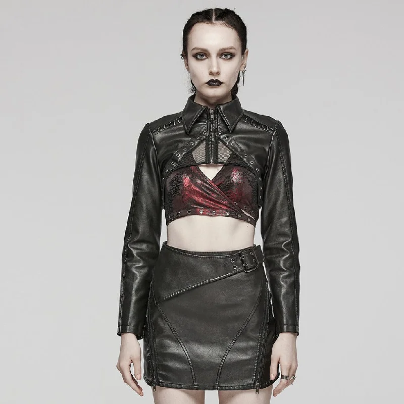 Women's quilted puffer jackets in a cropped silhouette for a modern twistWomen's Punk Eyelet Mesh Faux Leather Short Jacket Women's quilted puffer jackets in a cropped silhouette for a modern twistWomen's Punk Eyelet Mesh Faux Leather Short Jacket