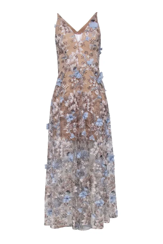 Off - the - Shoulder Women Dress for a Romantic and Feminine Look Off - the - Shoulder Women Dress for a Romantic and Feminine Look Dress the Population - Tan Sleeveless w/ 3D Flowers 'Sidney Gown' Maxi Dress Sz S