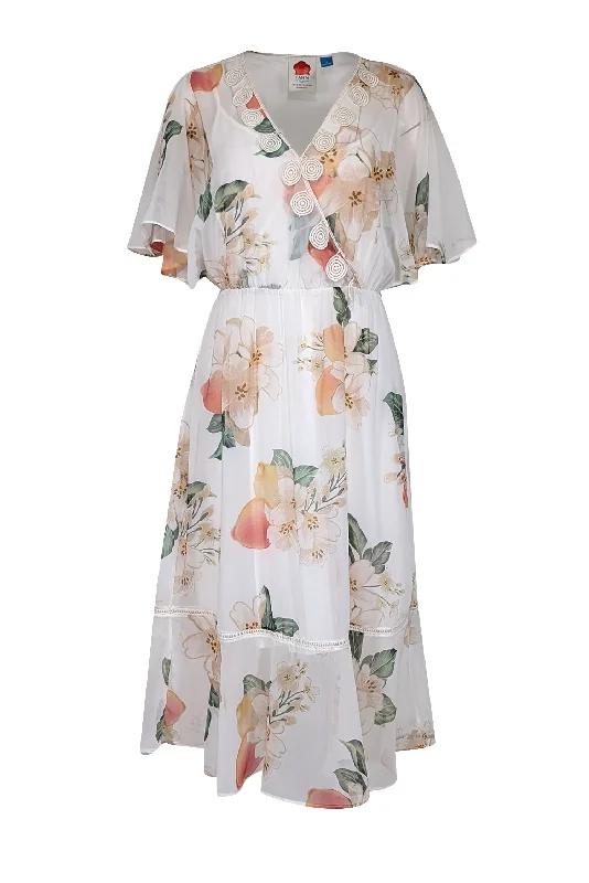 Sleeveless Women Dress in Bright Colors for Summer Parties Sleeveless Women Dress in Bright Colors for Summer Parties Farm - White w/ Peach Floral Print Chiffon Dress w/ Crochet Detailing Sz S