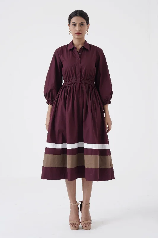Pleated Women Dress with a Timeless and Elegant Texture Pleated Women Dress with a Timeless and Elegant Texture Kosher - Shirt collar waist elastic, two contrast stripe - Wine