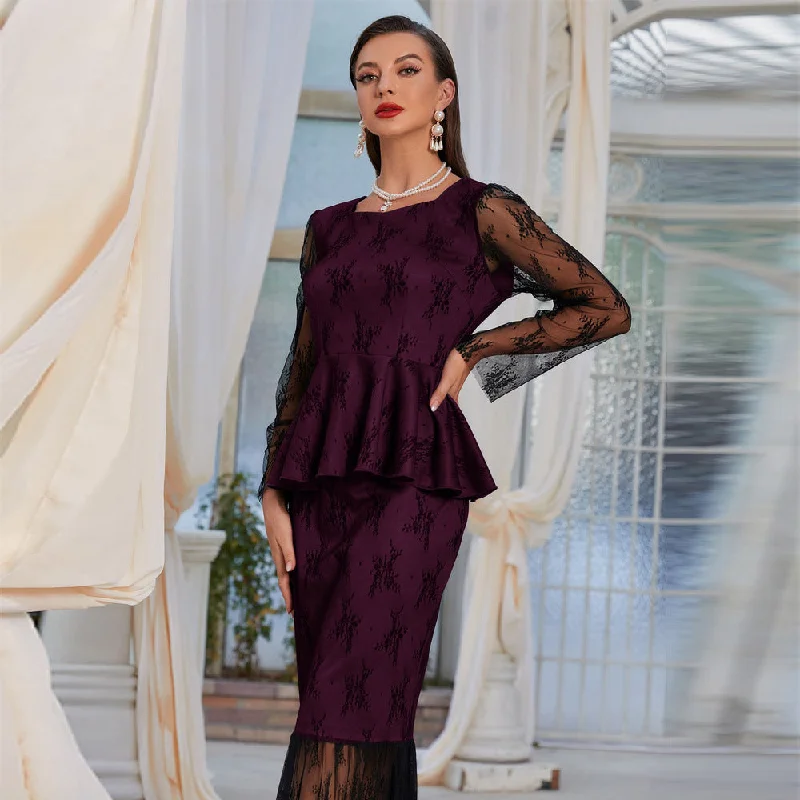 Shift Women Dress with a Simple and Classic Design for Everyday Wear Shift Women Dress with a Simple and Classic Design for Everyday Wear NiDELL YQ-21734 European and American Women's Clothing . Autumn and Winter New Fashion round Neck Stitching Gauzy Package Hip Fishtail Dress