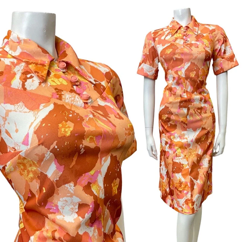 Wrap - Style Women Dress with Adjustable Fit for All Body Types Wrap - Style Women Dress with Adjustable Fit for All Body Types VINTAGE 60s 70s ORANGE PINK BROWN PSYCHEDELIC FLORAL LEAF DAGGER SHIRT DRESS 14