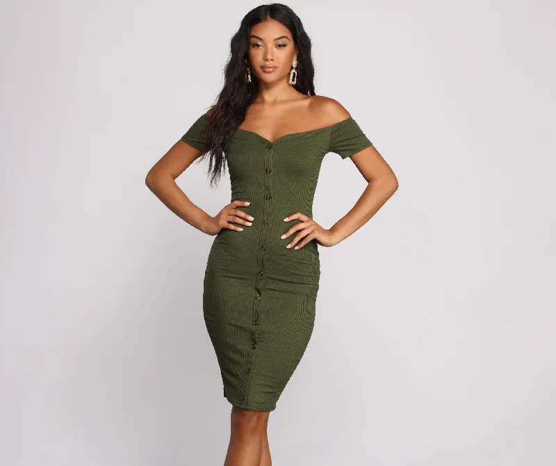 Midi dresses with gathered skirts for a full and flowing silhouetteAll Buttoned Up Off The Shoulder Midi Dress Midi dresses with gathered skirts for a full and flowing silhouetteAll Buttoned Up Off The Shoulder Midi Dress