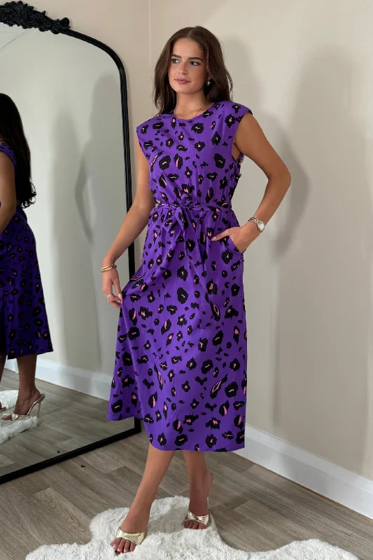 Midi dresses with lace - up fronts for a unique and adjustable styleAmay Purple Leopard Padded Shoulder Midi Dress