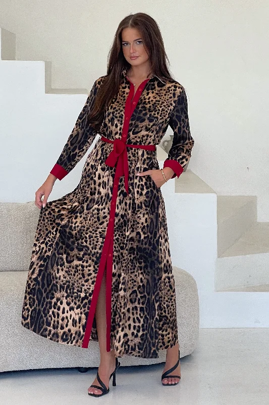 Midi dresses with pleated skirts for a timeless and elegant appealAngela Leopard Print Red Shirt Maxi Dress Midi dresses with pleated skirts for a timeless and elegant appealAngela Leopard Print Red Shirt Maxi Dress