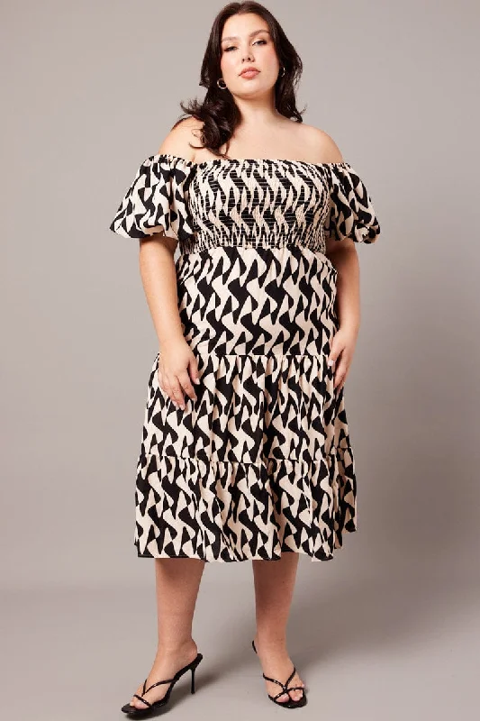 Velvet midi dresses in jewel tones for a glamorous winter eventBlack Abstract Midi Dress Short Sleeve Shirred
