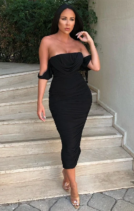 Velvet midi dresses in jewel tones for a glamorous winter eventBlack Bardot Cowl Neck Ruched Midi Dress - Malia Velvet midi dresses in jewel tones for a glamorous winter eventBlack Bardot Cowl Neck Ruched Midi Dress - Malia