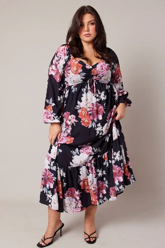 Midi dresses with animal prints for a bold and confident appearanceBlack Floral Midi Dress Long Sleeve Ruched Bust Midi dresses with animal prints for a bold and confident appearanceBlack Floral Midi Dress Long Sleeve Ruched Bust