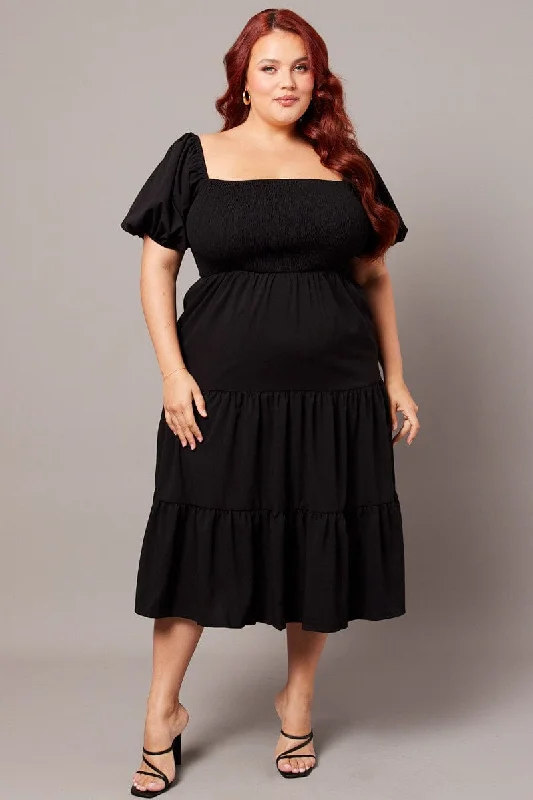 Sleeveless midi dresses with lace details for summer weddingsBlack Midi Dress Short Sleeve Shirred Sleeveless midi dresses with lace details for summer weddingsBlack Midi Dress Short Sleeve Shirred