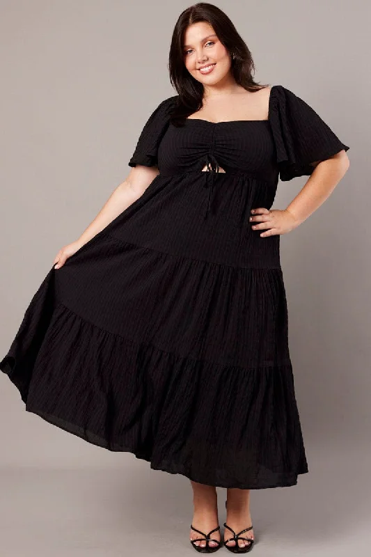 Midi dresses with cold - shoulder cutouts for a trendy styleBlack Midi Dress Short Sleeve Textured Midi dresses with cold - shoulder cutouts for a trendy styleBlack Midi Dress Short Sleeve Textured