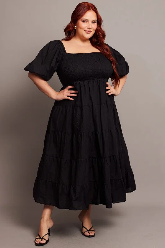 Midi dresses with asymmetric hems for a fashion - forward and dynamic appearanceBlack Midi Dress Short Sleeve Tie Back Tiered Midi dresses with asymmetric hems for a fashion - forward and dynamic appearanceBlack Midi Dress Short Sleeve Tie Back Tiered