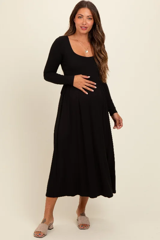 Wrap - style midi dresses in silk for a sophisticated office lookBlack Square Neck Long Sleeve Maternity Midi Dress Wrap - style midi dresses in silk for a sophisticated office lookBlack Square Neck Long Sleeve Maternity Midi Dress