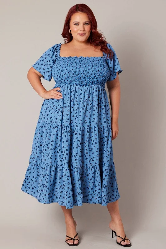 Midi dresses with pleated skirts for a timeless and elegant appealBlue Ditsy Midi Dress Short Sleeve Tiered Tie Back Midi dresses with pleated skirts for a timeless and elegant appealBlue Ditsy Midi Dress Short Sleeve Tiered Tie Back