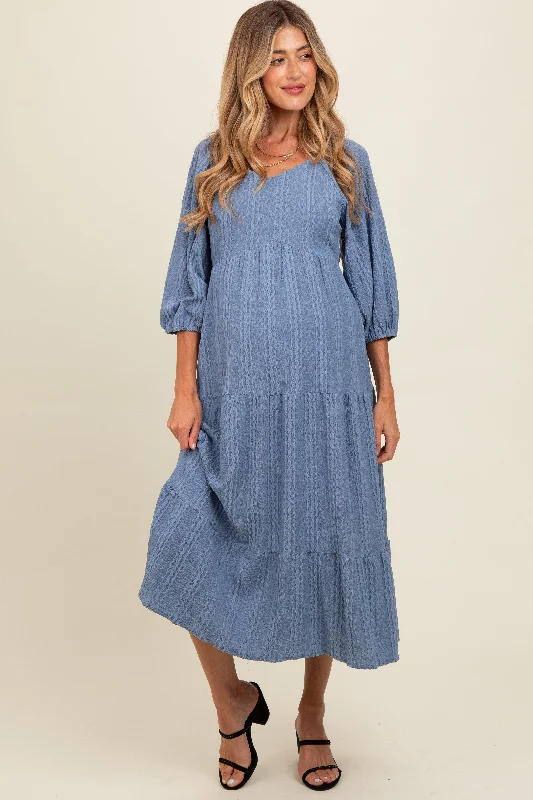 Midi dresses with geometric cutouts for a contemporary and edgy lookBlue Embroidered Tiered Maternity Midi Dress Midi dresses with geometric cutouts for a contemporary and edgy lookBlue Embroidered Tiered Maternity Midi Dress
