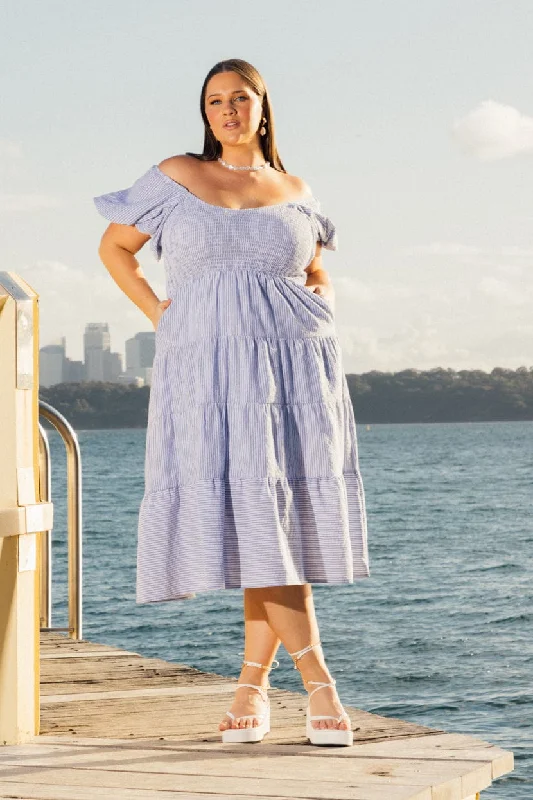 Midi dresses with button - down skirts for a unique and functional designBlue Stripe Midi Dress Short Sleeve Tiered Midi dresses with button - down skirts for a unique and functional designBlue Stripe Midi Dress Short Sleeve Tiered