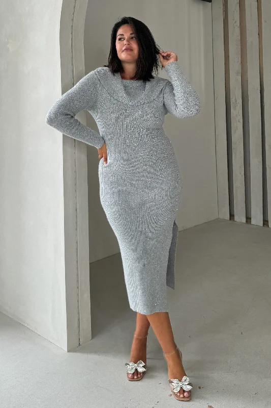 Midi dresses with ruffled hems for a romantic date nightBrea Knitted Sequin Bardot Midi Dress Grey Midi dresses with ruffled hems for a romantic date nightBrea Knitted Sequin Bardot Midi Dress Grey