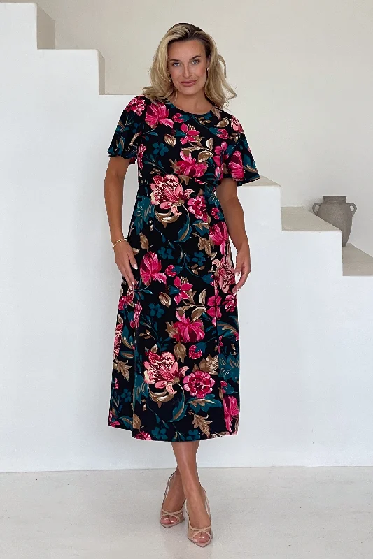 Britney Pink & Black Floral Angel Sleeve Midi Dress