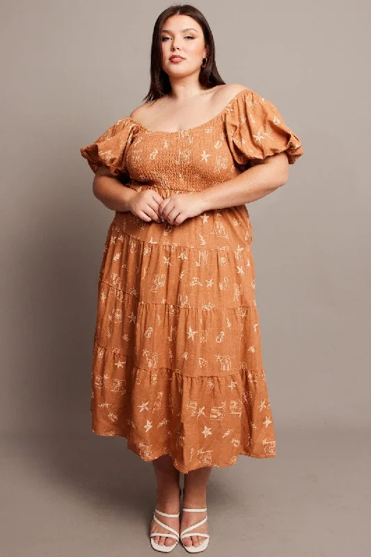 Midi dresses with belted waists to accentuate the figureBrown Abstract Midi Dress Short Sleeve Shirred Midi dresses with belted waists to accentuate the figureBrown Abstract Midi Dress Short Sleeve Shirred