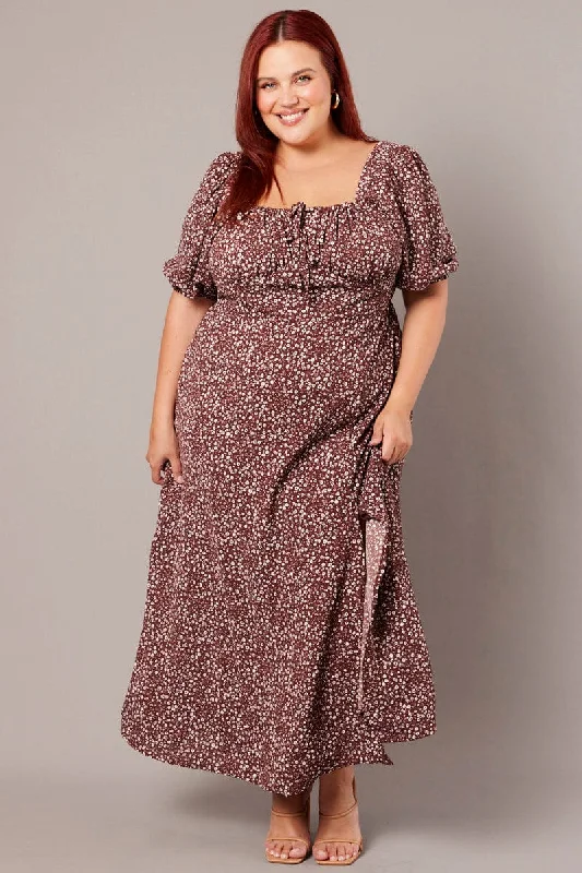 Midi dresses with button - down skirts for a unique and functional designBrown Ditsy Midi Dress Short Sleeve Side Split Midi dresses with button - down skirts for a unique and functional designBrown Ditsy Midi Dress Short Sleeve Side Split