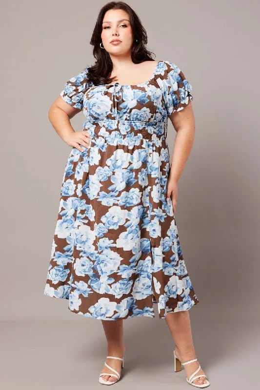 Midi dresses with side slits for a sexy and elegant appearanceBrown Floral Midi Dress Short Sleeve Ruched Bust Midi dresses with side slits for a sexy and elegant appearanceBrown Floral Midi Dress Short Sleeve Ruched Bust