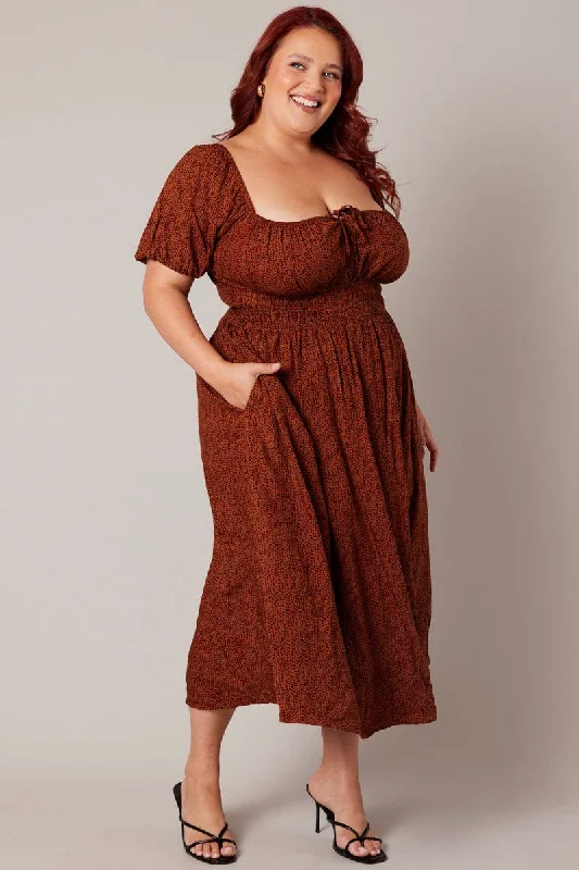 Midi dresses with belted waists to accentuate the figureBrown Geo Midi Dress Short Sleeve Ruched Bust Midi dresses with belted waists to accentuate the figureBrown Geo Midi Dress Short Sleeve Ruched Bust