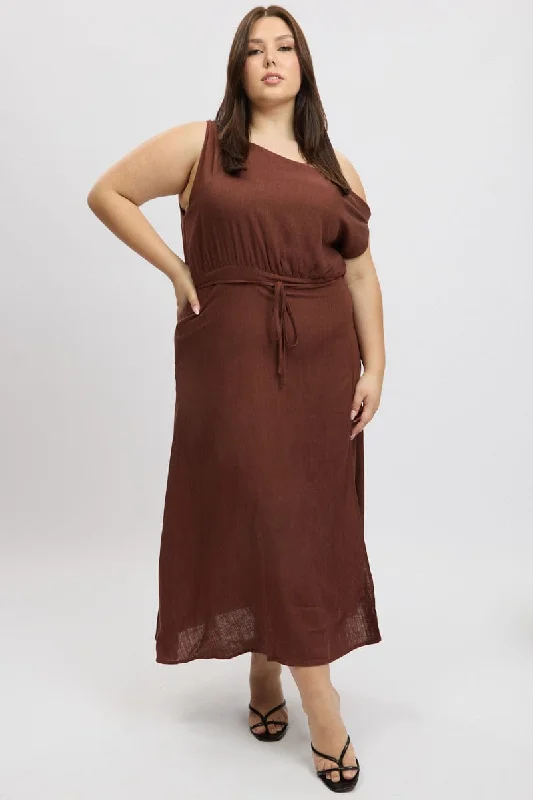 Brown Midi Dress Short Sleeve Asymmetric Shoulder