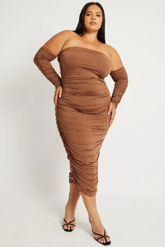 Midi dresses with ruched sleeves for a more fitted and stylish arm lookBrown Ruched Jersey Midi Dress Midi dresses with ruched sleeves for a more fitted and stylish arm lookBrown Ruched Jersey Midi Dress