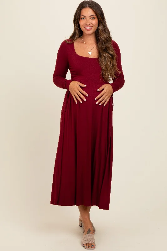 A - line midi dresses with floral prints for spring brunchesBurgundy Square Neck Long Sleeve Maternity Midi Dress A - line midi dresses with floral prints for spring brunchesBurgundy Square Neck Long Sleeve Maternity Midi Dress