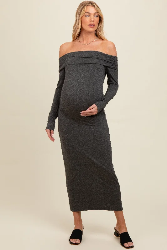 Charcoal Foldover Off Shoulder Long Sleeve Maternity Midi Dress