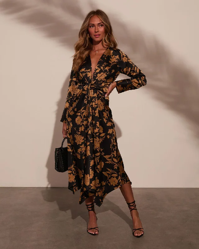 Midi dresses with tiered skirts for a bohemian festival lookEmmers Twist Floral Satin Midi Dress Midi dresses with tiered skirts for a bohemian festival lookEmmers Twist Floral Satin Midi Dress