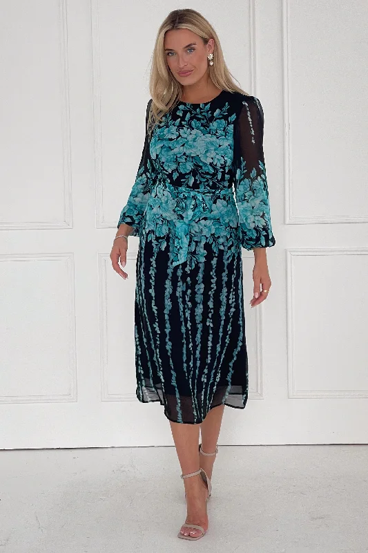 Midi dresses with keyhole backs for a flirty and unexpected detailHarlow Blue Floral Belted Long Sleeve Midi Dress Midi dresses with keyhole backs for a flirty and unexpected detailHarlow Blue Floral Belted Long Sleeve Midi Dress