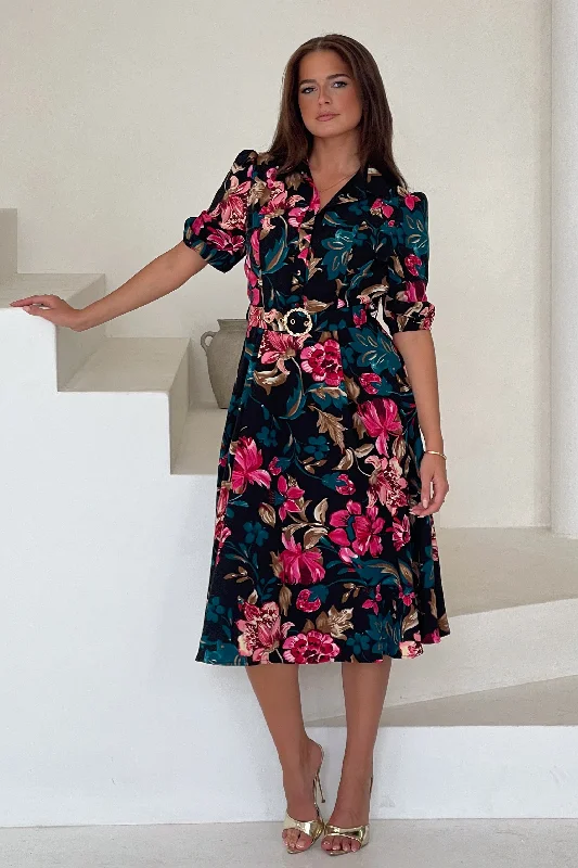 Holland Black & Pink Floral Collar Midi Dress