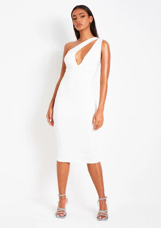 Midi dresses with keyhole backs for a flirty and unexpected detailKimia Cream One Shoulder Keyhole Midi Dress Midi dresses with keyhole backs for a flirty and unexpected detailKimia Cream One Shoulder Keyhole Midi Dress