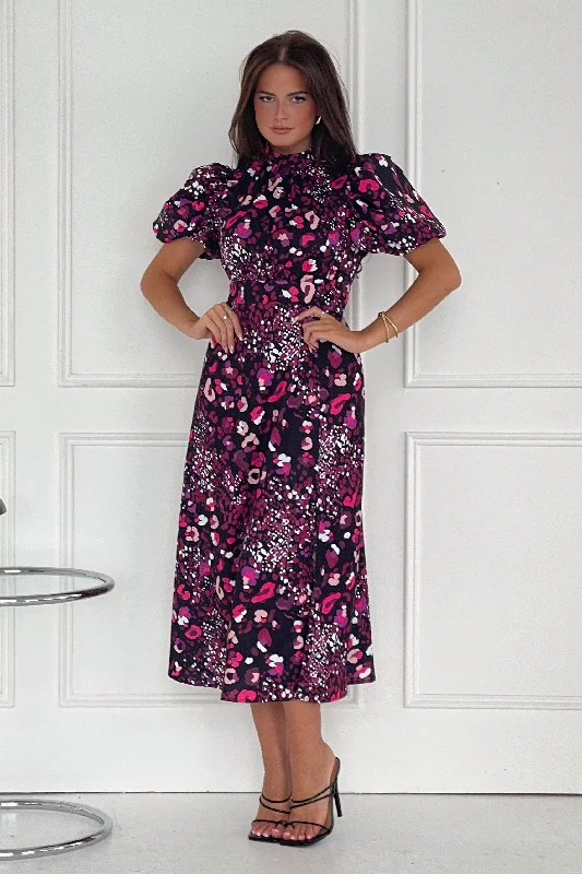 Midi dresses with keyhole backs for a flirty and unexpected detailLilith Purple Animal Puff Sleeve High Neck Midi Dress Midi dresses with keyhole backs for a flirty and unexpected detailLilith Purple Animal Puff Sleeve High Neck Midi Dress