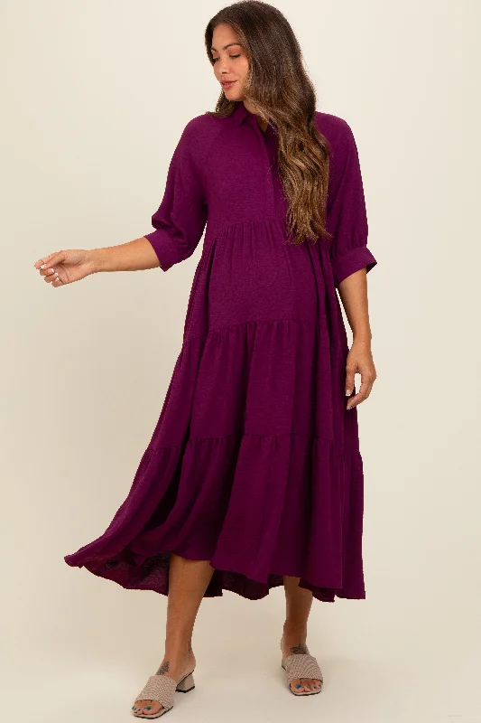 Maxi - inspired midi dresses with flowing fabrics for a beachy vibeMagenta Collared Button Up Tiered Maternity Midi Dress Maxi - inspired midi dresses with flowing fabrics for a beachy vibeMagenta Collared Button Up Tiered Maternity Midi Dress