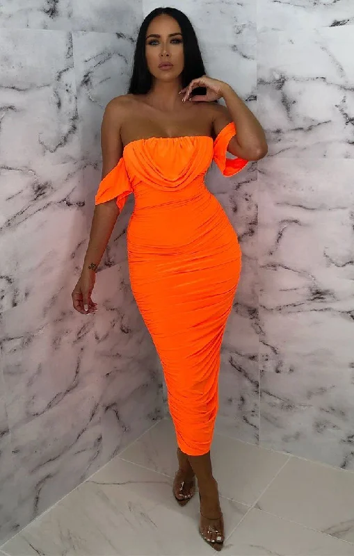 Midi dresses with asymmetric hems for a fashion - forward and dynamic appearanceNeon Orange Bardot Cowl Neck Ruched Midi Dress - Malia Midi dresses with asymmetric hems for a fashion - forward and dynamic appearanceNeon Orange Bardot Cowl Neck Ruched Midi Dress - Malia