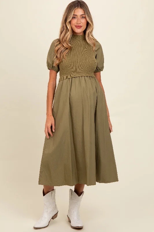 Midi dresses with polka dot prints for a playful summer outfitOlive Contrast Knit Bodice Maternity Midi Dress