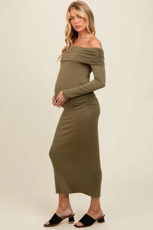 Olive Foldover Off Shoulder Long Sleeve Maternity Midi Dress