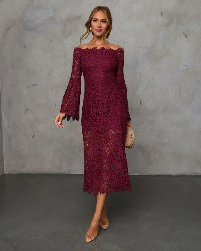 On Your Mind Off Shoulder Lace Midi Dress