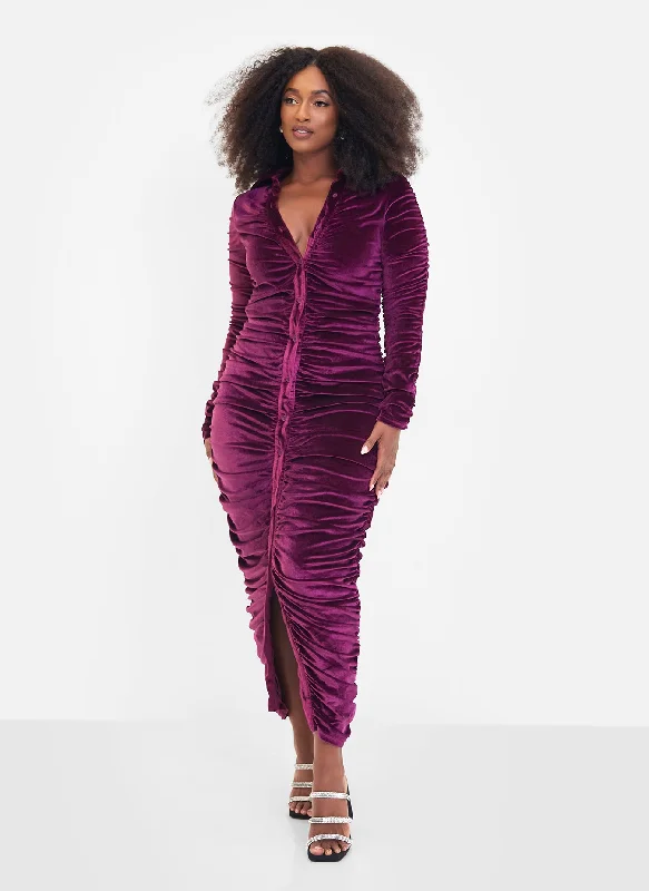 Perfect Host Velvet Button Front Maxi Bodycon Dress - Eggplant